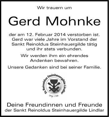 Anzeige von Gerd Mohnke von Kölner Stadt-Anzeiger / Kölnische Rundschau / Express