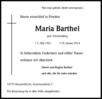Anzeige von Maria Barthel von Kölner Stadt-Anzeiger / Kölnische Rundschau / Express