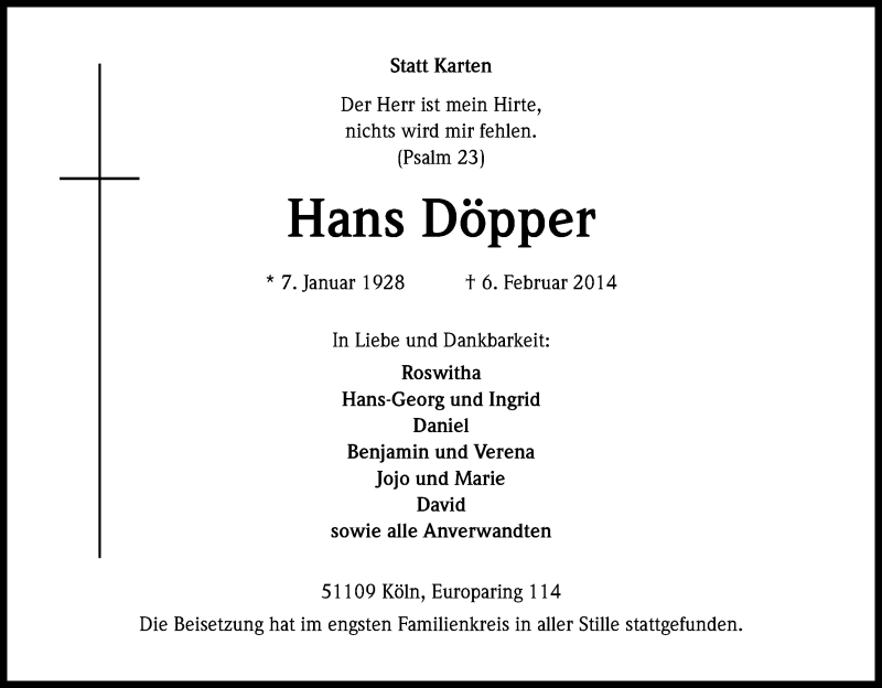  Traueranzeige für Hans Döpper vom 15.02.2014 aus Kölner Stadt-Anzeiger / Kölnische Rundschau / Express