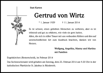 Anzeige von Gertrud von Wirtz von Kölner Stadt-Anzeiger / Kölnische Rundschau / Express