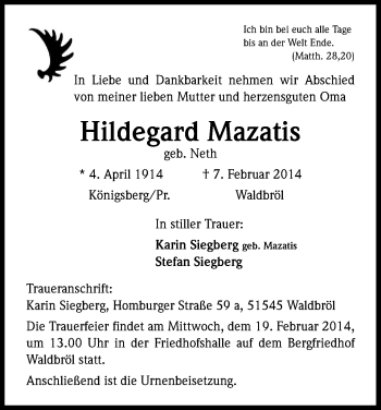 Anzeige von Hildegard Mazatis von Kölner Stadt-Anzeiger / Kölnische Rundschau / Express