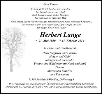 Anzeige von Herbert Lange von Kölner Stadt-Anzeiger / Kölnische Rundschau / Express