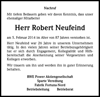 Anzeige von Robert Neufeind von Kölner Stadt-Anzeiger / Kölnische Rundschau / Express