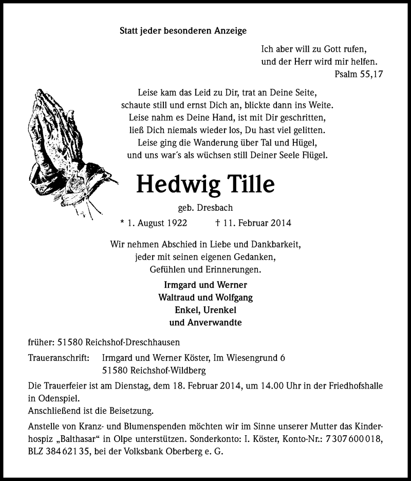  Traueranzeige für Hedwig Tille vom 14.02.2014 aus Kölner Stadt-Anzeiger / Kölnische Rundschau / Express