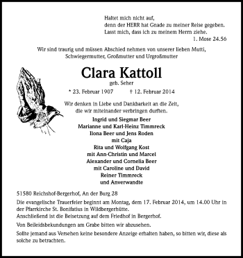 Anzeige von Clara Kattoll von Kölner Stadt-Anzeiger / Kölnische Rundschau / Express