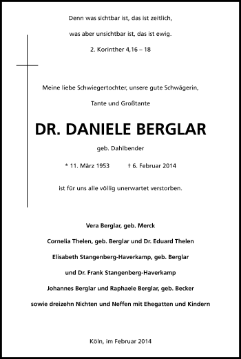 Anzeige von Daniele Berglar von Kölner Stadt-Anzeiger / Kölnische Rundschau / Express