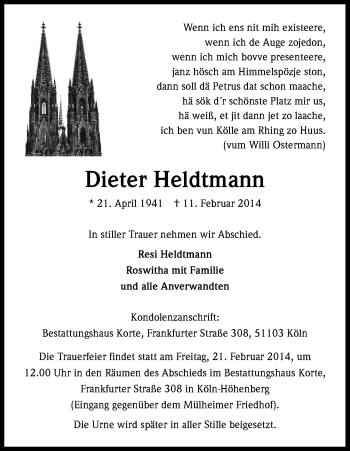 Anzeige von Dieter Heldtmann von Kölner Stadt-Anzeiger / Kölnische Rundschau / Express