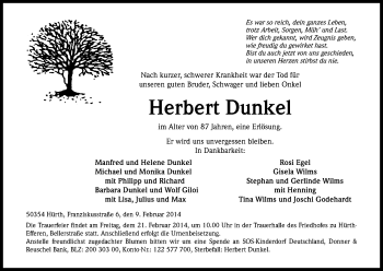 Anzeige von Herbert Dunkel von Kölner Stadt-Anzeiger / Kölnische Rundschau / Express
