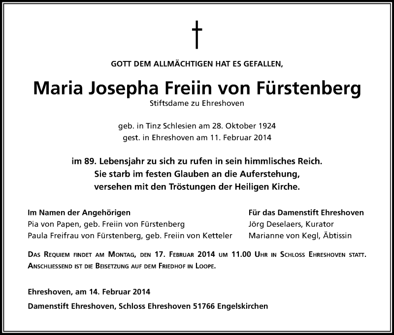  Traueranzeige für Maria Josepha  Freiin von Fürstenberg vom 14.02.2014 aus Kölner Stadt-Anzeiger / Kölnische Rundschau / Express