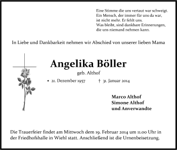 Anzeige von Angelika Böller von Kölner Stadt-Anzeiger / Kölnische Rundschau / Express