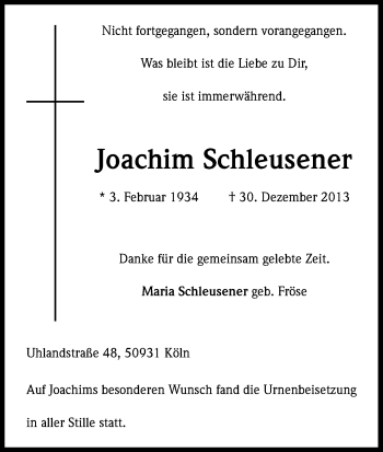 Anzeige von Joachim Schleusener von Kölner Stadt-Anzeiger / Kölnische Rundschau / Express