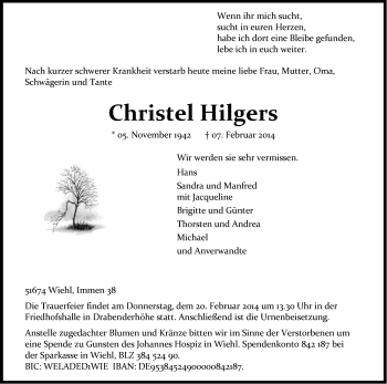 Anzeige von Christel Hilgers von Kölner Stadt-Anzeiger / Kölnische Rundschau / Express