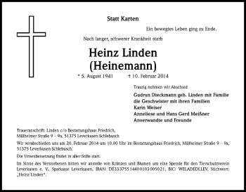 Anzeige von Heinz Linden von Kölner Stadt-Anzeiger / Kölnische Rundschau / Express