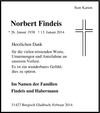 Anzeige von Norbert Findeis von Kölner Stadt-Anzeiger / Kölnische Rundschau / Express