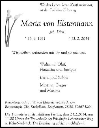 Anzeige von Maria von Elstermann von Kölner Stadt-Anzeiger / Kölnische Rundschau / Express