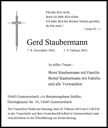 Anzeige von Gerd Staubermann von Kölner Stadt-Anzeiger / Kölnische Rundschau / Express