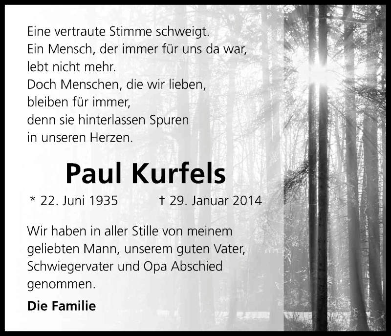  Traueranzeige für Paul Kurfels vom 22.02.2014 aus Kölner Stadt-Anzeiger / Kölnische Rundschau / Express