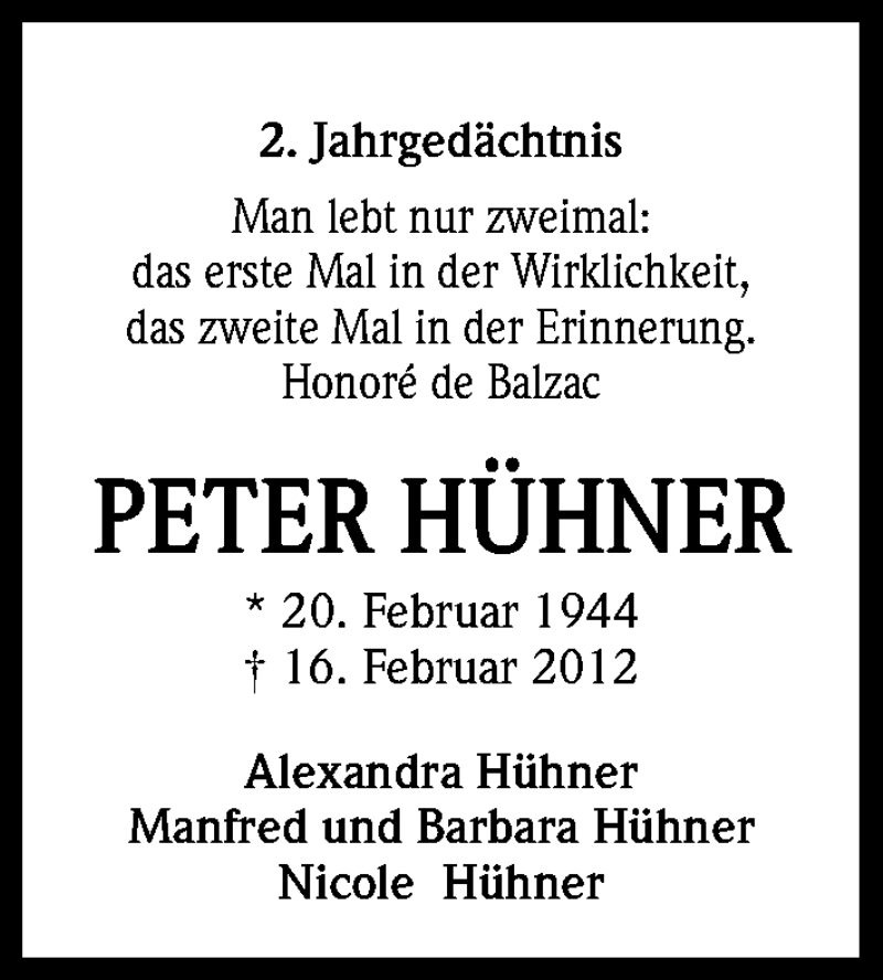  Traueranzeige für Peter Hühner vom 15.02.2014 aus Kölner Stadt-Anzeiger / Kölnische Rundschau / Express