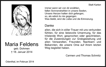 Anzeige von Maria Feldens von Kölner Stadt-Anzeiger / Kölnische Rundschau / Express