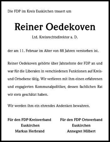 Anzeige von Reiner Oedekoven von Kölner Stadt-Anzeiger / Kölnische Rundschau / Express