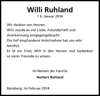 Anzeige von Willi Ruhland von Kölner Stadt-Anzeiger / Kölnische Rundschau / Express