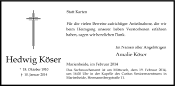 Anzeige von Hedwig Köser von Kölner Stadt-Anzeiger / Kölnische Rundschau / Express