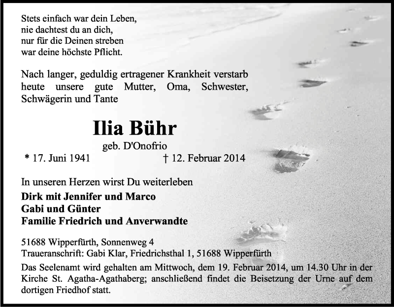  Traueranzeige für Ilia Bühr vom 15.02.2014 aus Kölner Stadt-Anzeiger / Kölnische Rundschau / Express