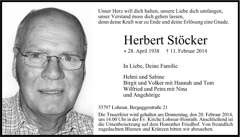  Traueranzeige für Herbert Stöcker vom 15.02.2014 aus Kölner Stadt-Anzeiger / Kölnische Rundschau / Express