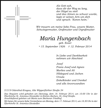 Anzeige von Maria Hungenbach von Kölner Stadt-Anzeiger / Kölnische Rundschau / Express