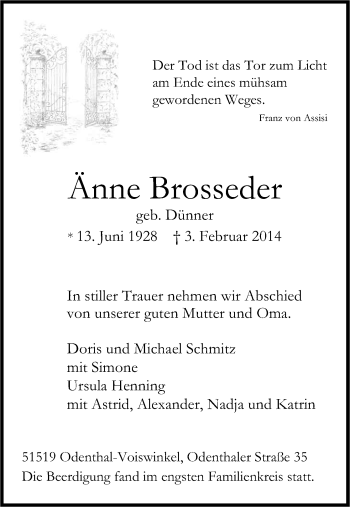 Anzeige von Änne Brosseder von Kölner Stadt-Anzeiger / Kölnische Rundschau / Express
