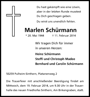 Anzeige von Marlen Schürmann von Kölner Stadt-Anzeiger / Kölnische Rundschau / Express