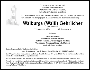 Anzeige von Walburga Gehrlicher von Kölner Stadt-Anzeiger / Kölnische Rundschau / Express