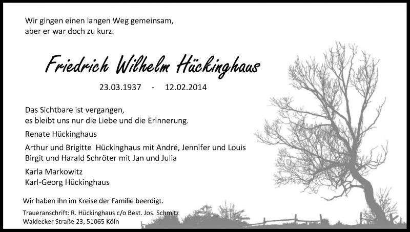  Traueranzeige für Friedrich Wilhelm Hückinghaus vom 22.02.2014 aus Kölner Stadt-Anzeiger / Kölnische Rundschau / Express