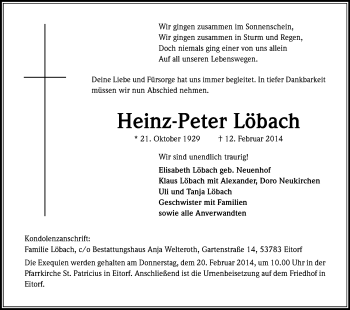 Anzeige von Heinz-Peter Löbach von Kölner Stadt-Anzeiger / Kölnische Rundschau / Express