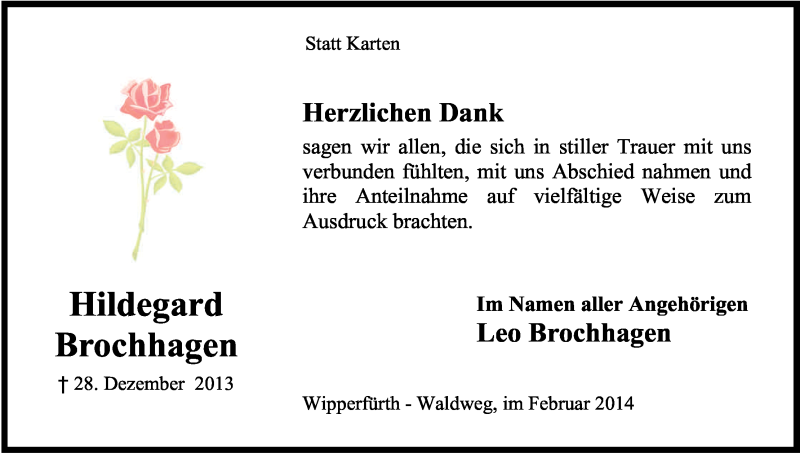  Traueranzeige für Hildegard Brochhagen vom 15.02.2014 aus Kölner Stadt-Anzeiger / Kölnische Rundschau / Express