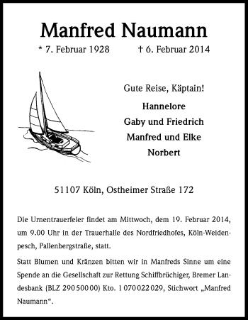 Anzeige von Manfred Naumann von Kölner Stadt-Anzeiger / Kölnische Rundschau / Express
