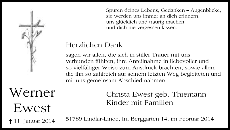  Traueranzeige für Werner Ewest vom 15.02.2014 aus Kölner Stadt-Anzeiger / Kölnische Rundschau / Express