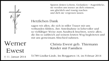 Anzeige von Werner Ewest von Kölner Stadt-Anzeiger / Kölnische Rundschau / Express