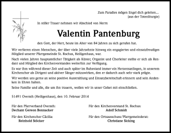 Anzeige von Valentin Pantenburg von Kölner Stadt-Anzeiger / Kölnische Rundschau / Express