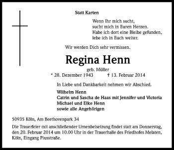 Anzeige von Regina Henn von Kölner Stadt-Anzeiger / Kölnische Rundschau / Express