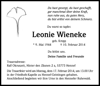 Anzeige von Leonie Wieneke von Kölner Stadt-Anzeiger / Kölnische Rundschau / Express