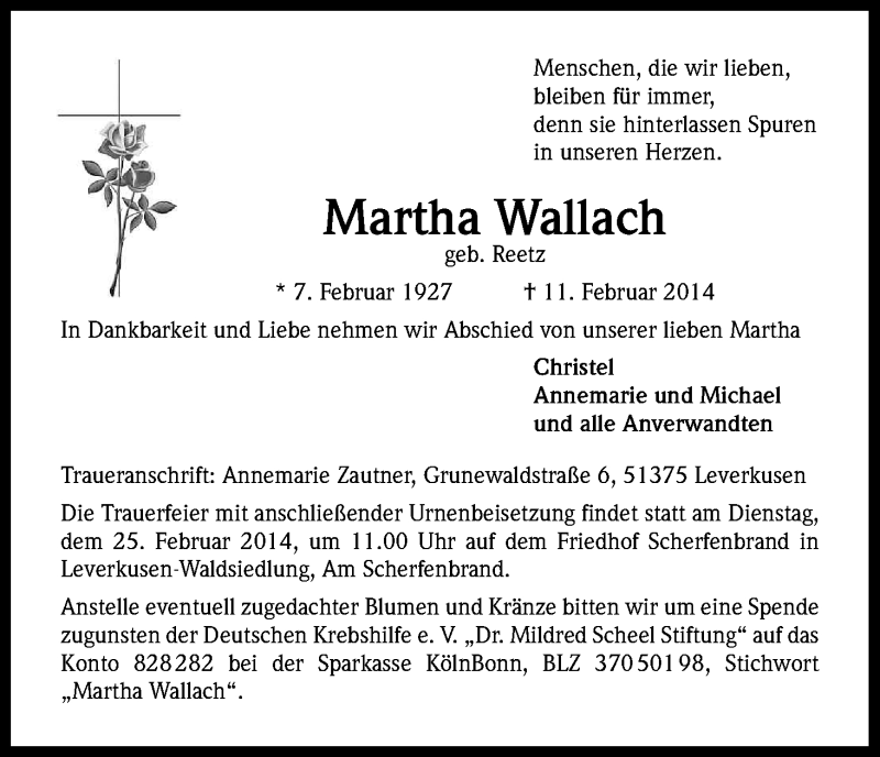  Traueranzeige für Martha Wallach vom 15.02.2014 aus Kölner Stadt-Anzeiger / Kölnische Rundschau / Express