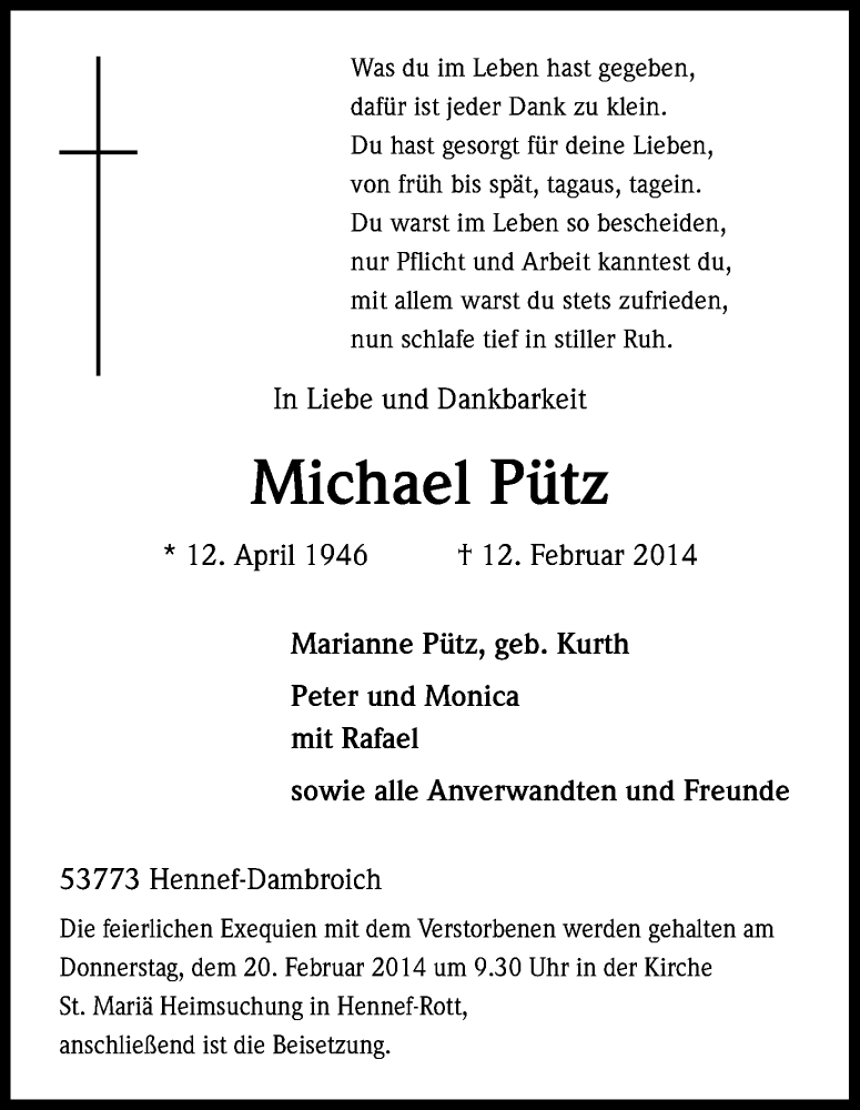  Traueranzeige für Michael Pütz vom 15.02.2014 aus Kölner Stadt-Anzeiger / Kölnische Rundschau / Express