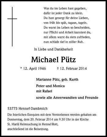 Anzeige von Michael Pütz von Kölner Stadt-Anzeiger / Kölnische Rundschau / Express