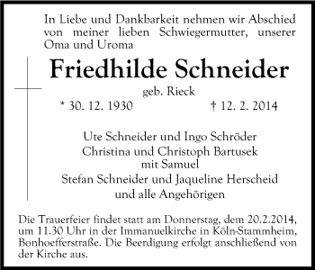 Anzeige von Friedhilde Schneider von Kölner Stadt-Anzeiger / Kölnische Rundschau / Express