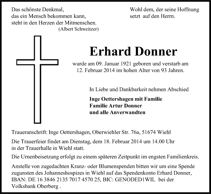  Traueranzeige für Erhard Donner vom 15.02.2014 aus Kölner Stadt-Anzeiger / Kölnische Rundschau / Express