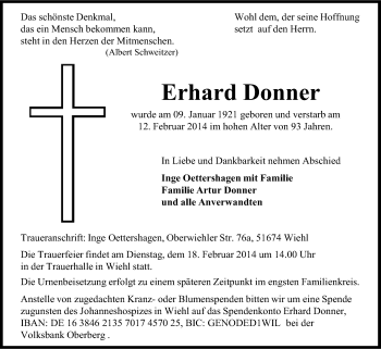 Anzeige von Erhard Donner von Kölner Stadt-Anzeiger / Kölnische Rundschau / Express