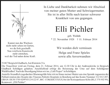 Anzeige von Elli Pichler von Kölner Stadt-Anzeiger / Kölnische Rundschau / Express