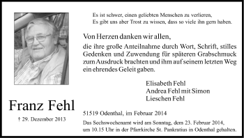 Anzeige von Franz Fehl von Kölner Stadt-Anzeiger / Kölnische Rundschau / Express
