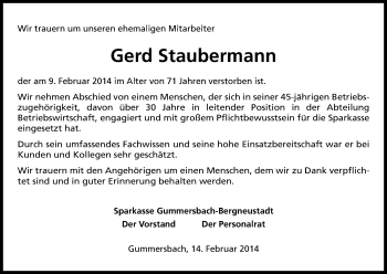 Anzeige von Gerd Staubermann von Kölner Stadt-Anzeiger / Kölnische Rundschau / Express